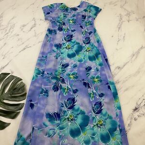 Island Fashions Womens Vintage Maxi Dress Sz 12 Purple Blue Tropical Floral 70s